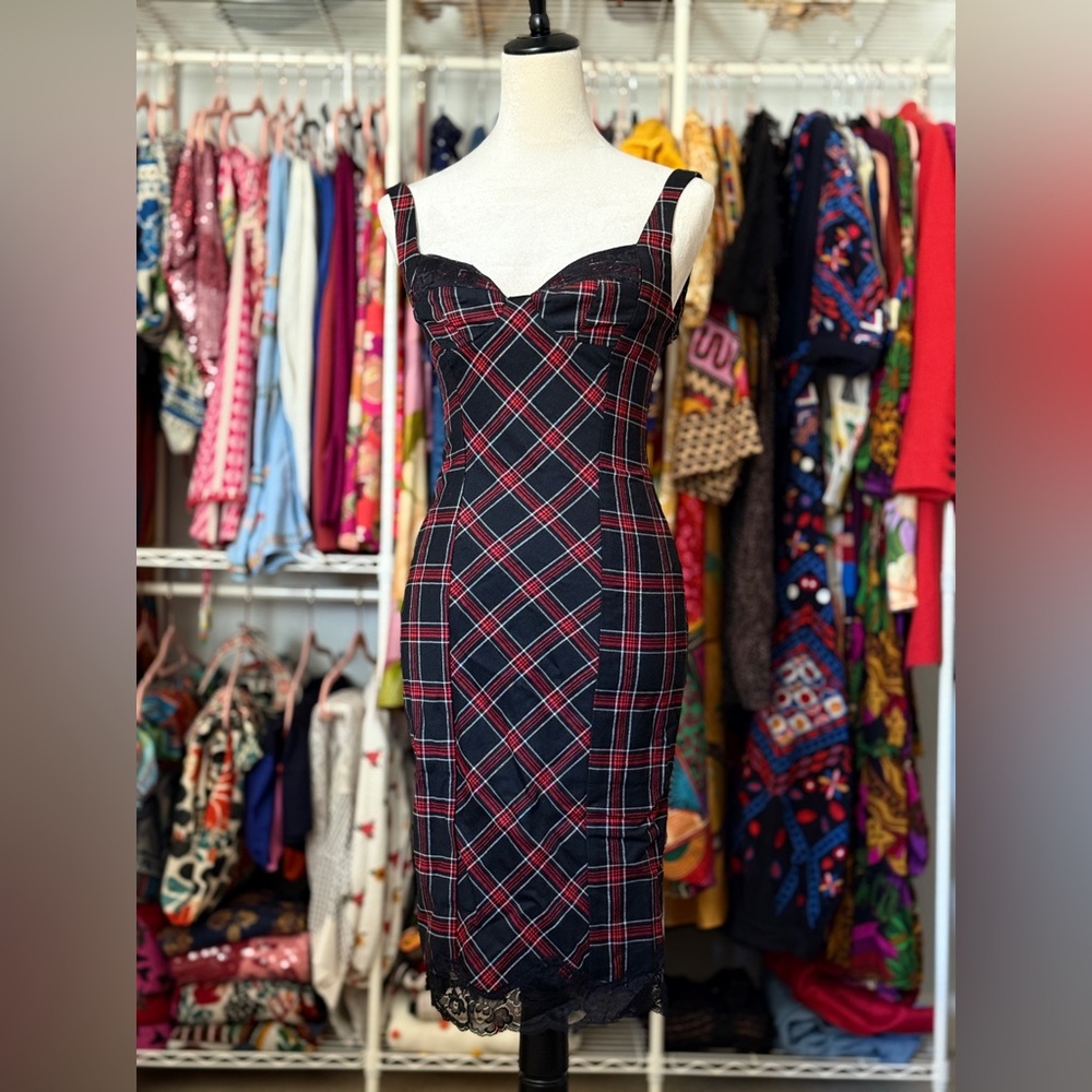 Bebe Black and Red Plaid Pencil Dress sz XS EUC